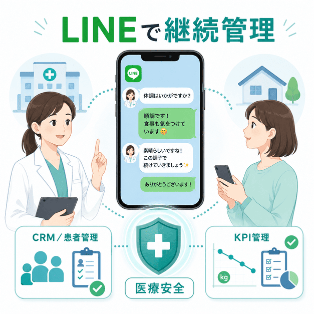 LINEで患者管理、医療安全モニタリング、KPI管理を行う肥満外来の継続支援体制を示したイラスト