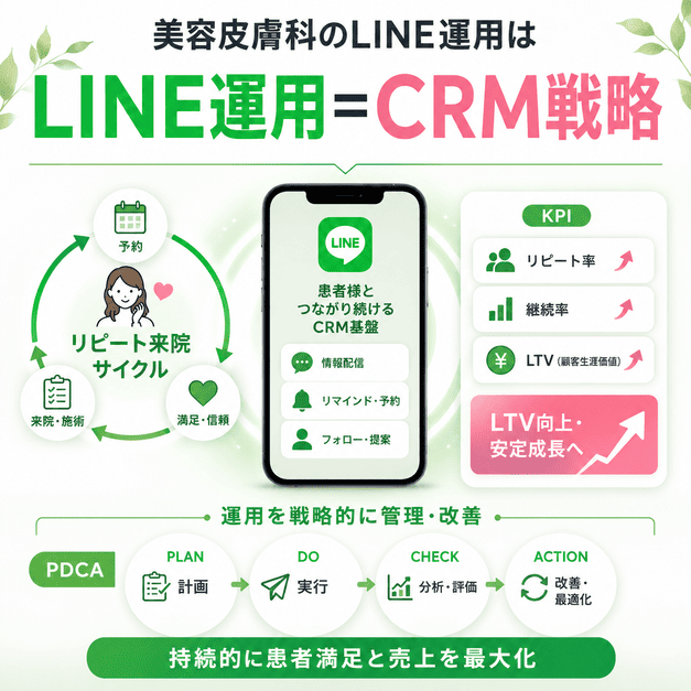 美容皮膚科のLINE運用をCRM戦略として管理し、KPIとPDCAで改善する全体像を示したまとめイラスト