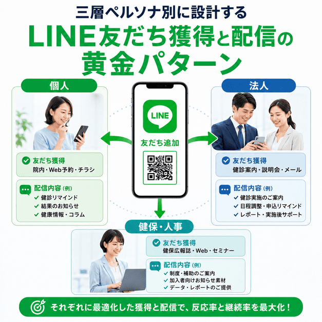 個人受診者・法人従業員・健保人事担当者ごとにLINE友だち獲得と配信を分けるイメージ