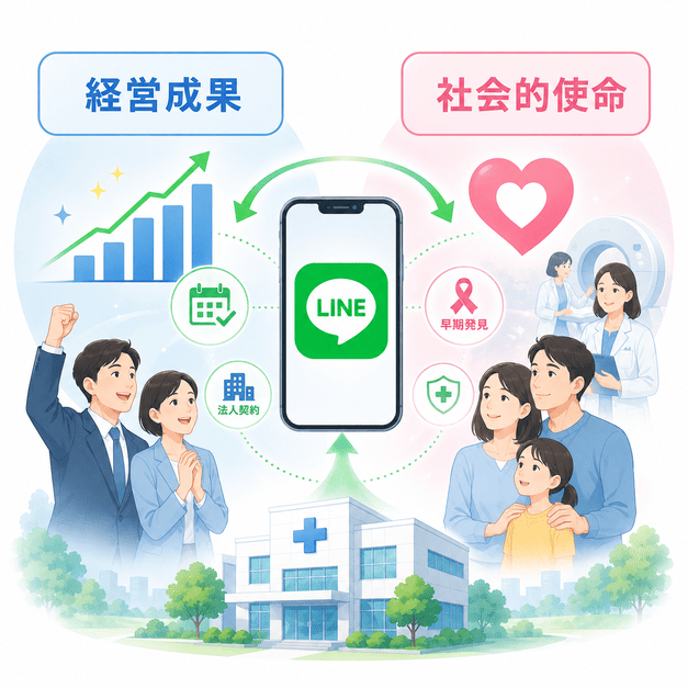 がん検診クリニックのLINE運用によって経営成果と患者の命を守る社会的使命を両立する様子を示したまとめ用イラスト