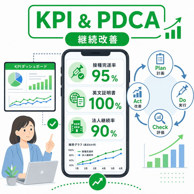 接種完遂率・英文証明書発行率・法人継続率をKPIで管理し、PDCAで改善するダッシュボード図