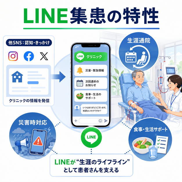 人工透析クリニックでLINEが生涯通院や災害時対応、食事・生活支援の中心になることを示したイラスト