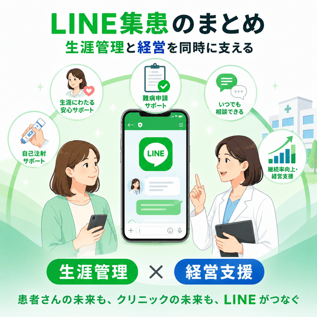 LINE集患がリウマチ・膠原病患者の生涯管理とクリニック経営支援を両立するまとめイメージ