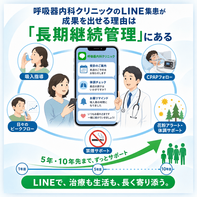 呼吸器内科クリニックのLINE運用が喘息やCOPD、SASなどの長期継続管理を支える仕組みを示したイラスト
