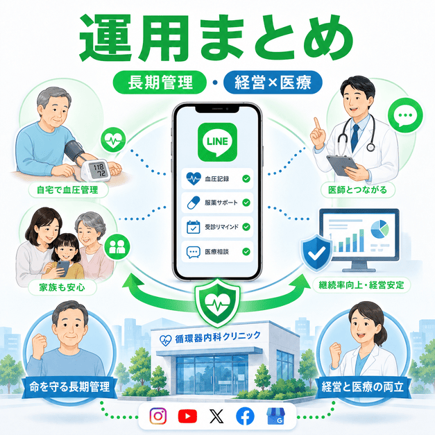 循環器内科のLINE運用で命を守る長期管理と経営成長を両立する全体像をまとめたイラスト