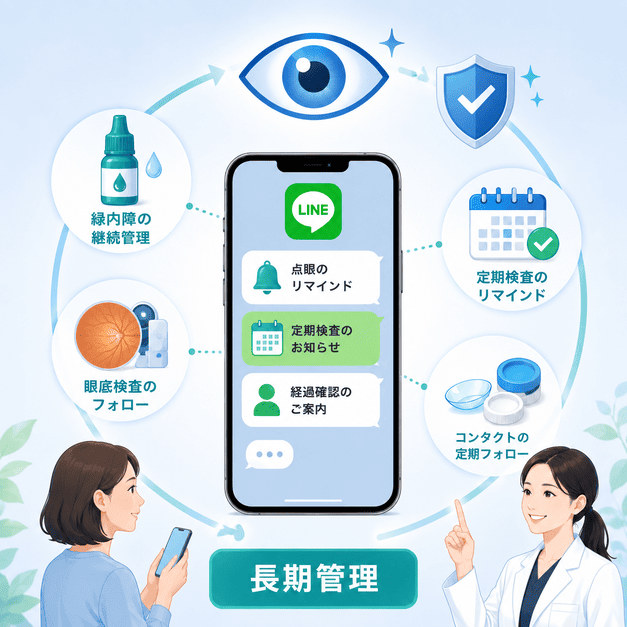 眼科クリニックのLINEが点眼リマインダーや定期検査案内で患者の視力管理を支えるイメージ