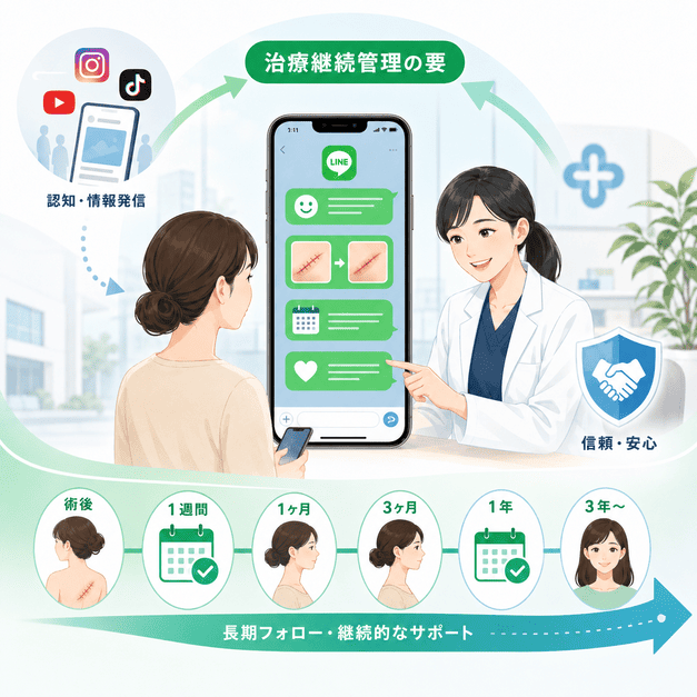 形成外科クリニックでLINEが術後患者の長期治療管理や継続フォローの中心になる流れを示したイラスト