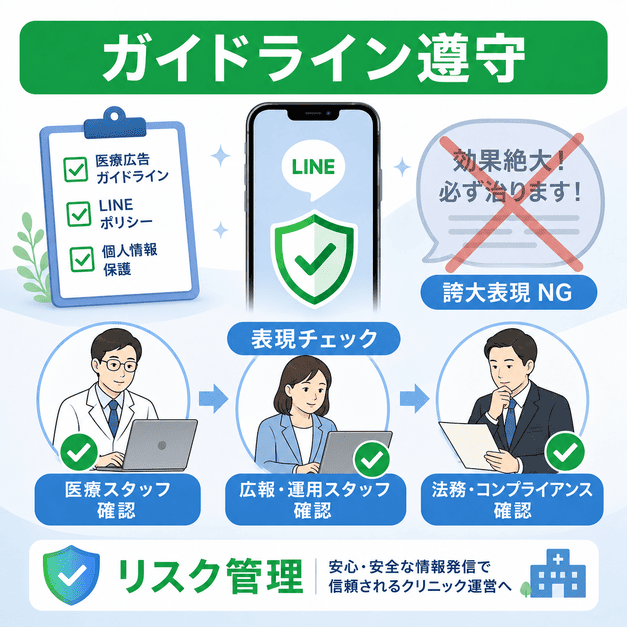 医療広告ガイドラインとLINEポリシーを守るための表現チェックとリスク管理を示したイラスト