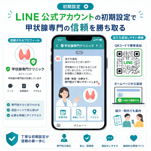LINE公式アカウントの初期設定で、甲状腺専門クリニックの信頼感を高めるイメージ