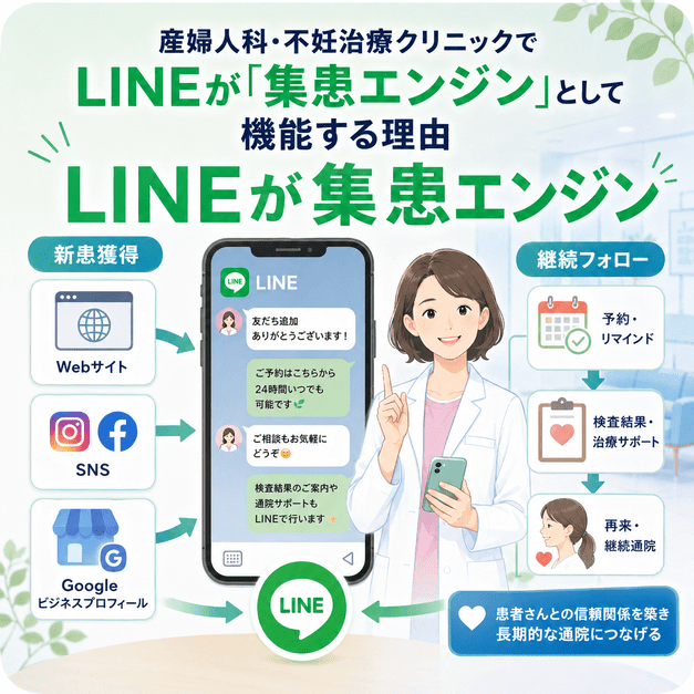 産婦人科・不妊治療クリニックでLINEが新患獲得後の予約・リマインド・継続フォローにつながる集患エンジンとして機能する流れを示したイラスト
