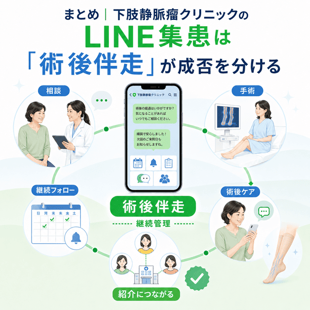 下肢静脈瘤クリニックのLINE集患で術後伴走、継続管理、紹介獲得につなげる全体像のまとめイメージ