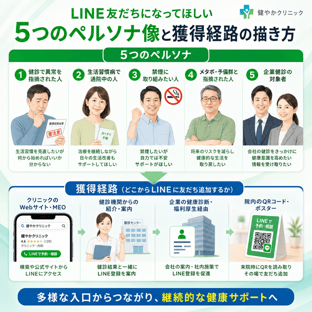 生活習慣病・禁煙外来クリニックがLINE友だちとして獲得すべき5つのペルソナと流入経路を示したイラスト