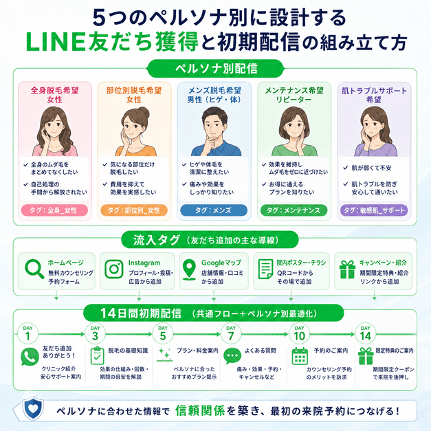 医療脱毛クリニックの5つのペルソナ別LINE配信と14日間の初期配信設計を示した図