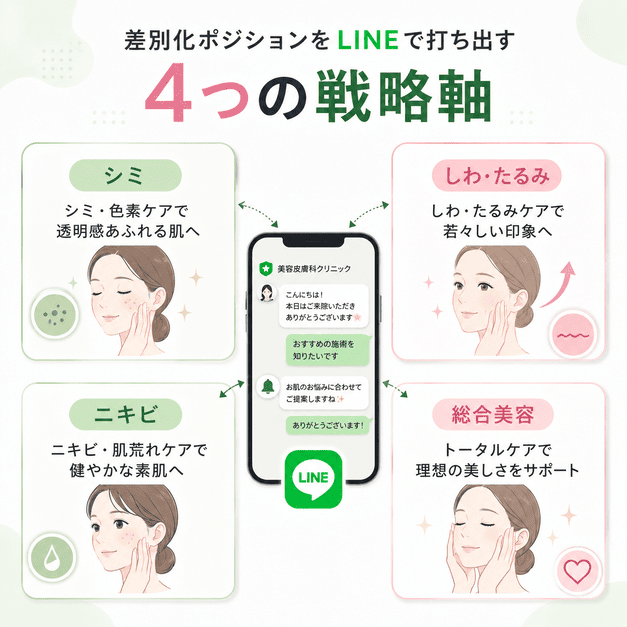 美容皮膚科のシミ・しわたるみ・ニキビ・総合美容の4つの差別化ポジションをLINE配信で打ち出すイラスト