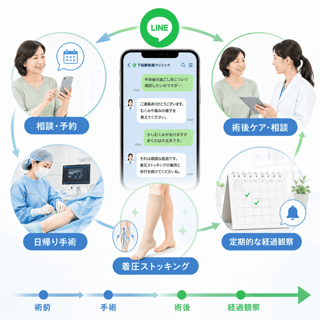 LINEで相談予約から日帰り手術、術後ケア、弾性ストッキング、経過観察まで一気通貫で支援する流れ