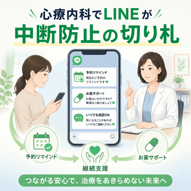 心療内科でLINEを使い、予約リマインドや服薬サポートで患者の通院中断を防ぐ仕組みを示したイラスト