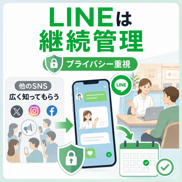 肛門外科でLINEが他SNSと異なり、来院後の患者をプライバシーに配慮して継続管理する役割を示したイラスト