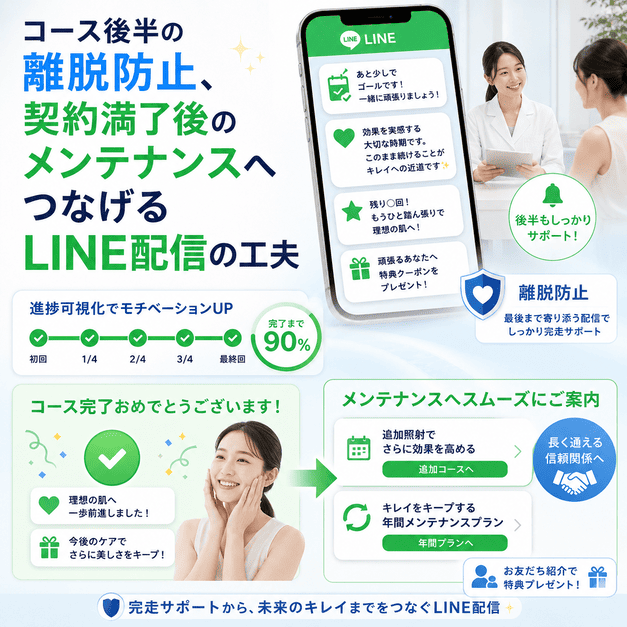 コース後半の離脱防止から契約満了後の追加照射やメンテナンス案内につなげるLINE配信