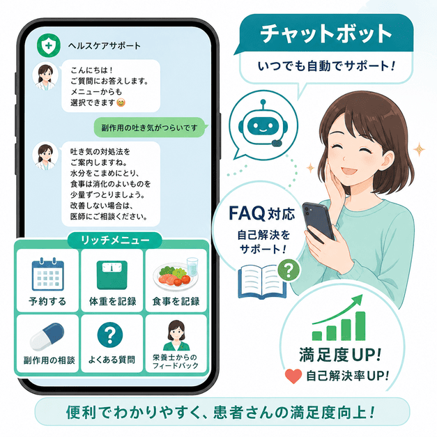 LINEのリッチメニューとチャットボットで予約、体重記録、食事記録、FAQ対応を支援するイラスト