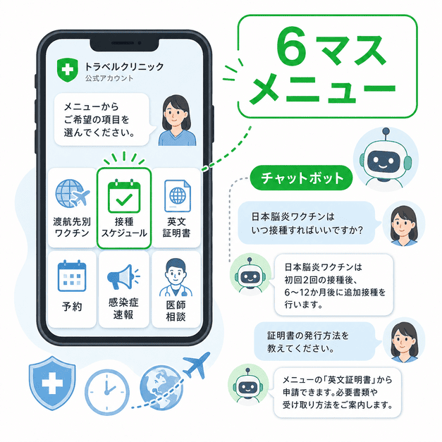 トラベルクリニックのLINEリッチメニュー6マスとチャットボットで患者の自己解決を支援する画面イメージ