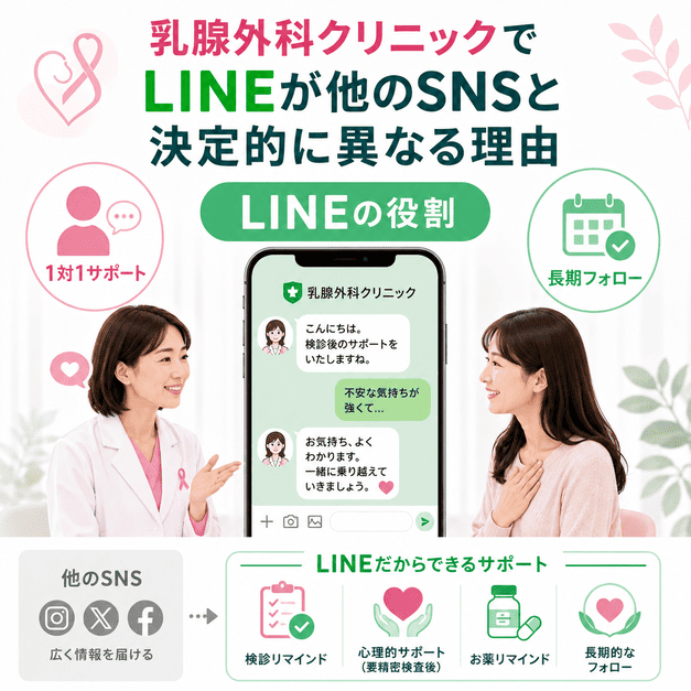 乳腺外科クリニックにおけるLINEの役割を、他SNSとの違い・1対1サポート・長期フォローとして示したイラスト