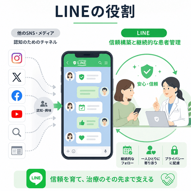 再生医療クリニックにおけるLINEの役割を、他SNSからの認知獲得と患者の信頼形成・継続管理の違いで示したイラスト