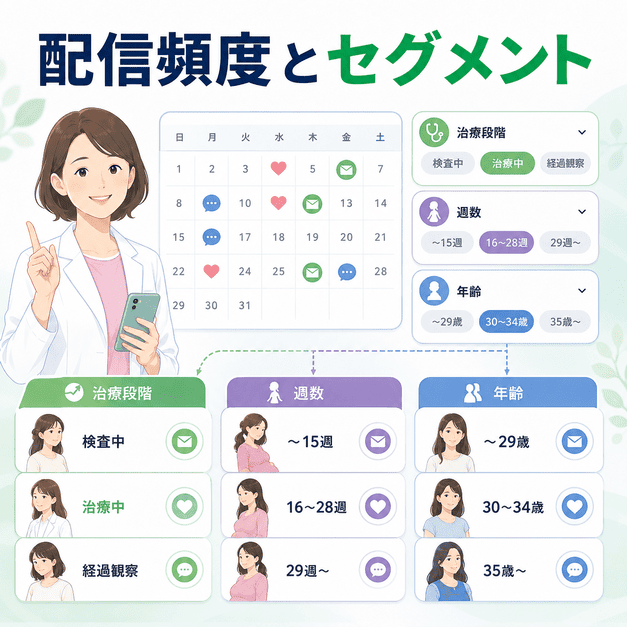 治療段階、妊娠週数、年齢ごとにLINEの配信頻度とセグメントを分け、患者に合った情報を届ける設計を示したイラスト