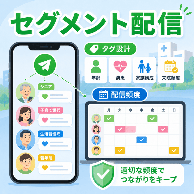 患者の年齢や疾患、家族構成に合わせてLINEのセグメント配信と配信頻度を設計する様子を表したイラスト