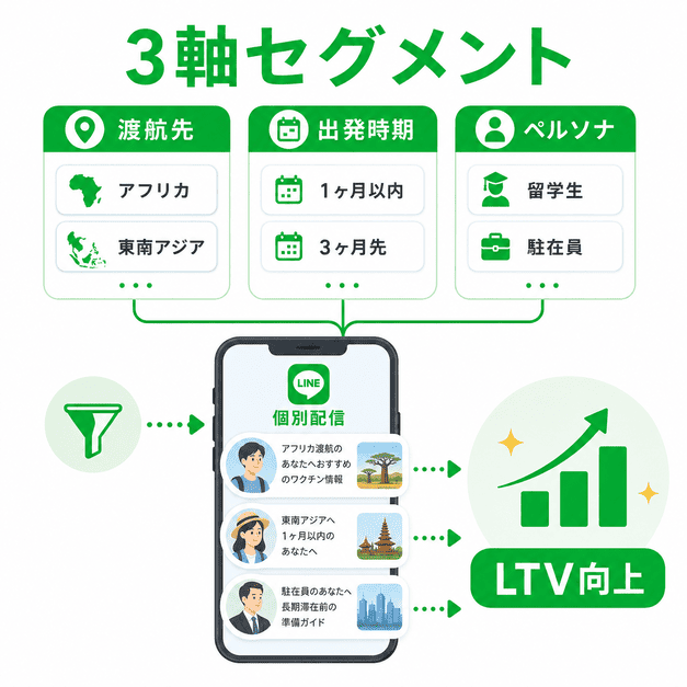 渡航先・出発時期・ペルソナの3軸でLINE配信を分け、LTV向上につなげるセグメント配信の図