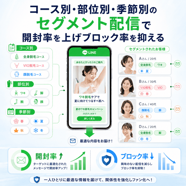 コース別・部位別・季節別のセグメント配信で開封率を高めブロック率を抑えるLINE運用