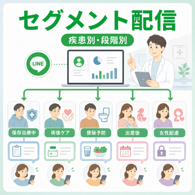 保存治療中・術後ケア・便秘予防・出産後・女性配慮など、患者セグメント別にLINE配信を分ける仕組みを示したイラスト