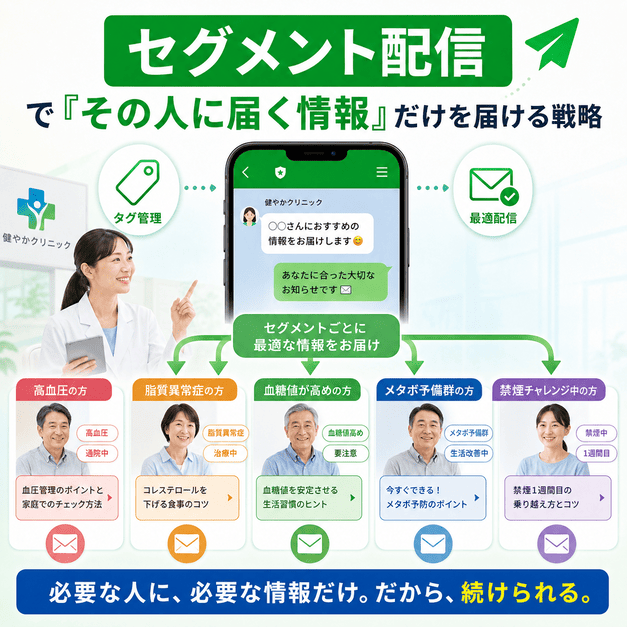 疾患や治療段階ごとにタグ管理し、患者一人ひとりに必要な情報だけを届けるセグメント配信を示したイラスト