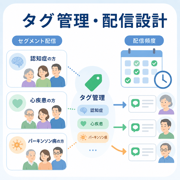 疾患別タグ管理とセグメント配信、配信頻度の設計によって患者ごとに情報を出し分ける様子を表したイラスト