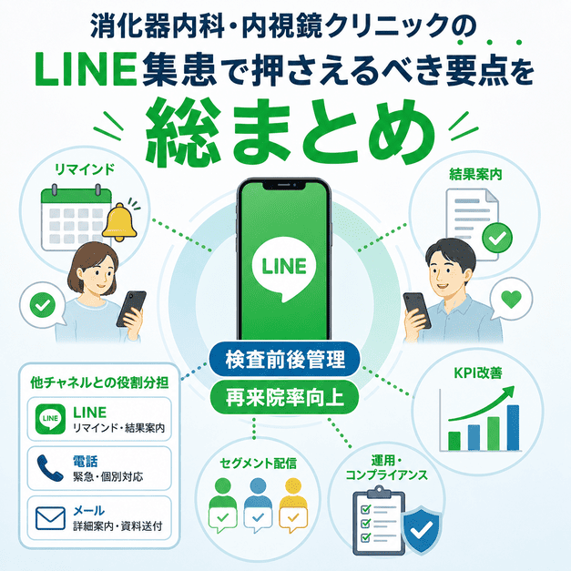 消化器内科・内視鏡クリニックのLINE集患における検査前後管理、セグメント配信、KPI改善の要点をまとめたイラスト