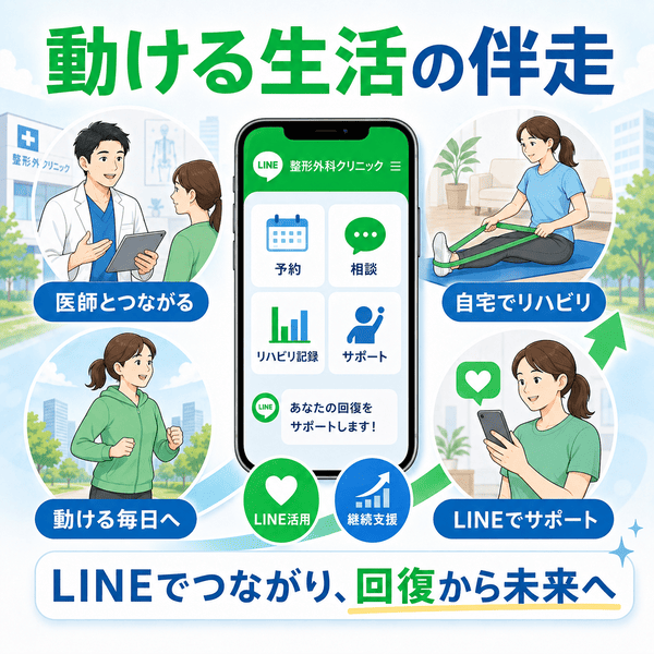整形外科クリニックがLINEで患者の動ける生活に伴走し、リハビリ継続と生活の質向上を支えるまとめ用イラスト