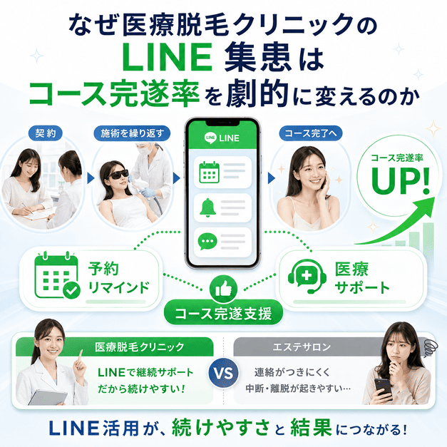 医療脱毛クリニックのLINE配信が予約リマインドや医療サポートを通じてコース完遂を支援する流れ