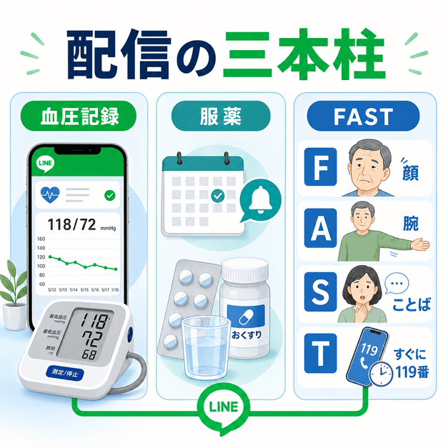 家庭血圧記録、服薬リマインド、FAST啓発を循環器内科LINE配信の三本柱として示すイラスト