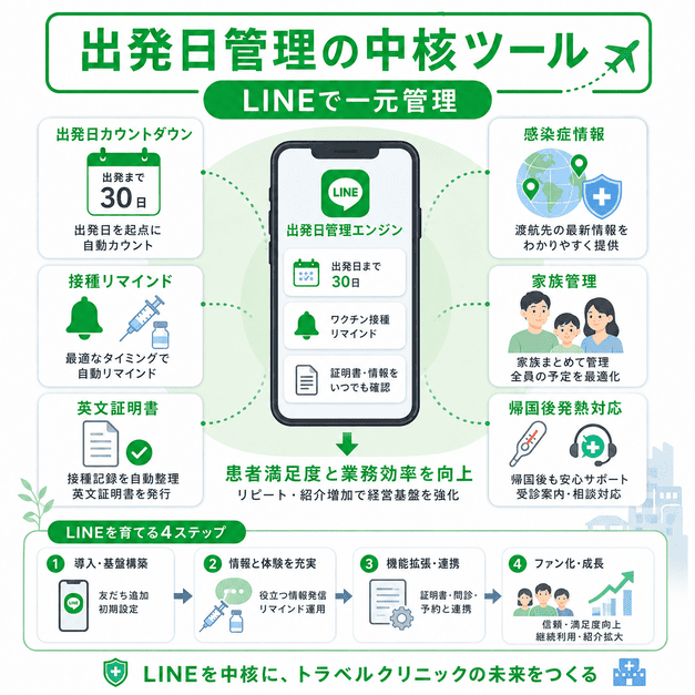 LINEを出発日管理の中核ツールとして活用し、接種リマインド・証明書・感染症情報を一元管理するまとめ図