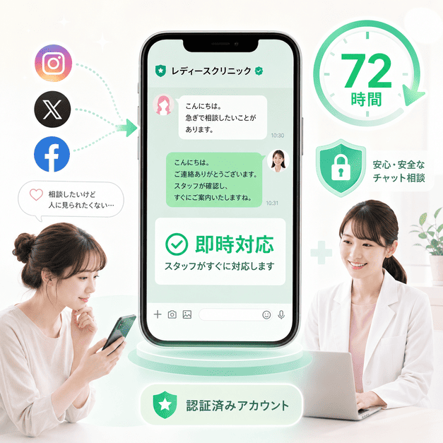 レディースクリニックでLINEが即時対応の中核となり、72時間以内の相談や予約につながる様子