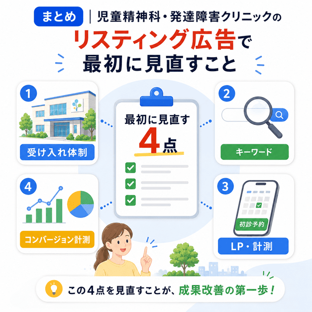 児童精神科・発達障害クリニックのリスティング広告で最初に見直す4つの改善ポイントをまとめたイラスト
