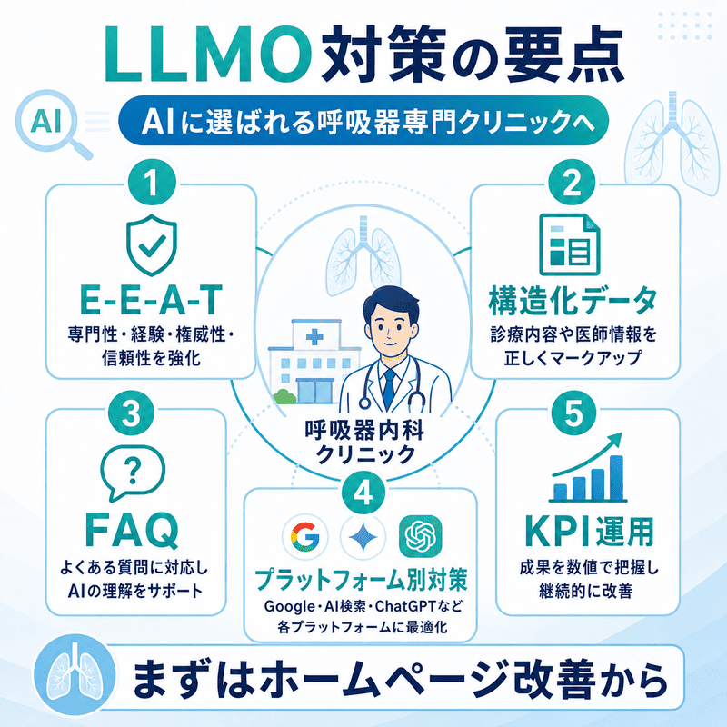 呼吸器内科クリニックがAIに選ばれるためのE-E-A-T・構造化データ・FAQ・KPI運用などの要点をまとめた図