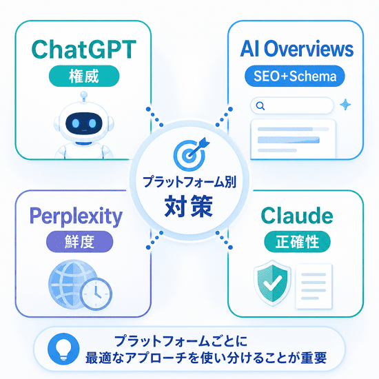 ChatGPT・AI Overviews・Perplexity・ClaudeなどAIプラットフォーム別にLLMO対策を使い分ける考え方を示す図解