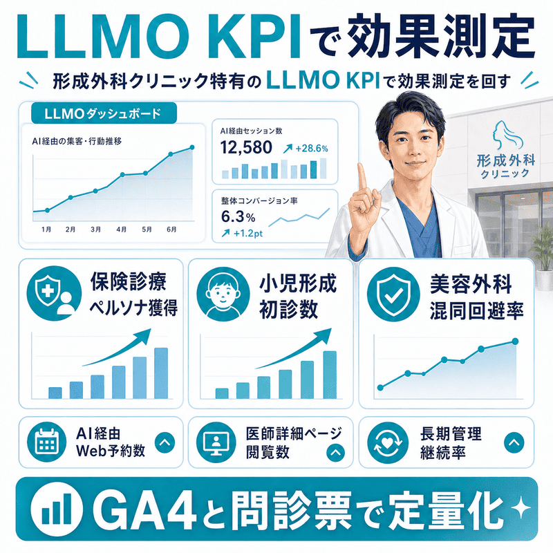 形成外科クリニックのLLMO効果を保険診療ペルソナ獲得・小児形成初診数・美容外科混同回避率で測定するKPIダッシュボードの図