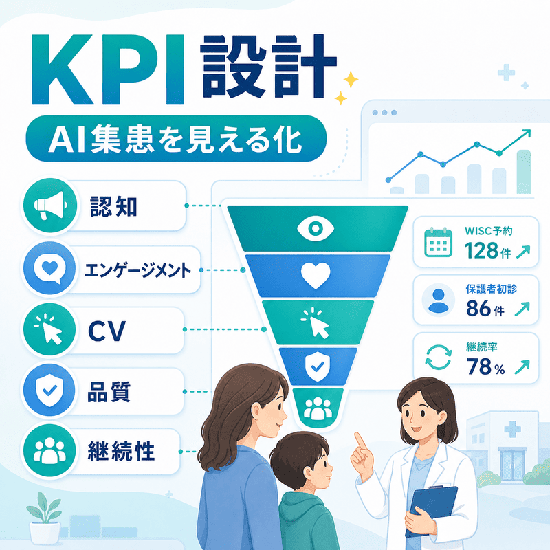 児童精神科クリニックのAI集患を認知・エンゲージメント・CV・品質・継続性で可視化するKPI設計のイラスト