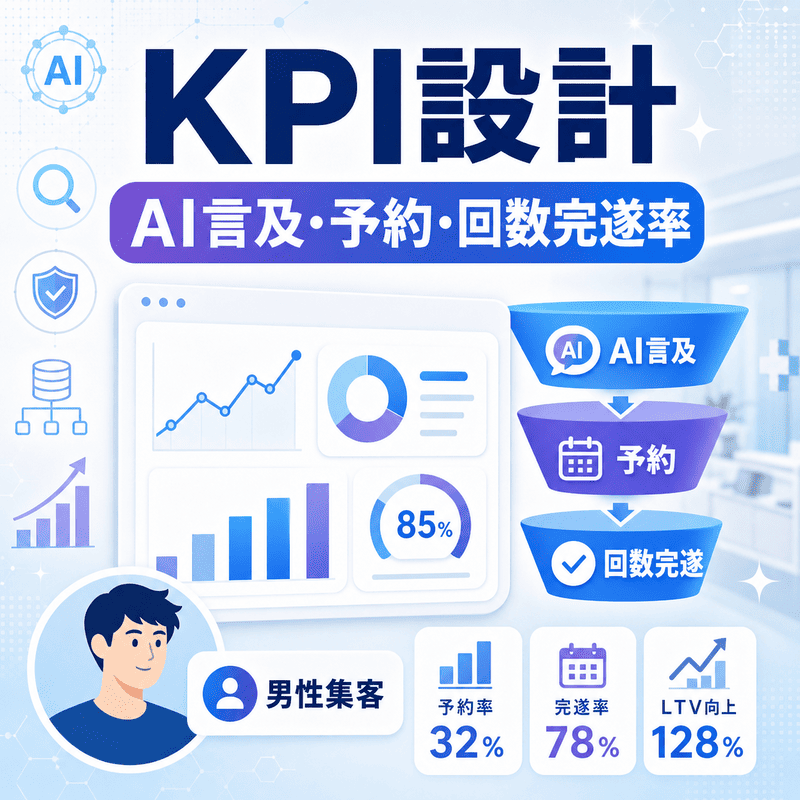 AI言及・予約・回数完遂率・男性集客など、医療脱毛クリニックのLLMO KPIをダッシュボードで示したイラスト