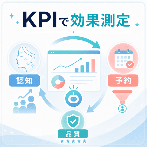 美容皮膚科LLMOの成果を認知、予約、品質などのKPIで測定し改善するサイクルを示す図解