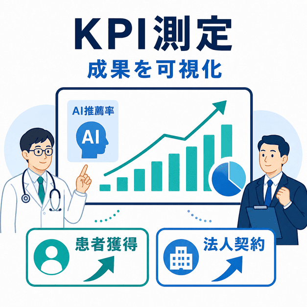 AI推薦率や患者獲得、法人契約などのKPIを測定し、LLMO施策の成果を可視化する図