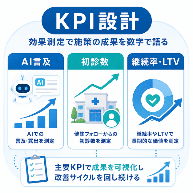 AIでの言及・初診数・継続率やLTVをKPIとして測定し、LLMO施策の成果を可視化する図解