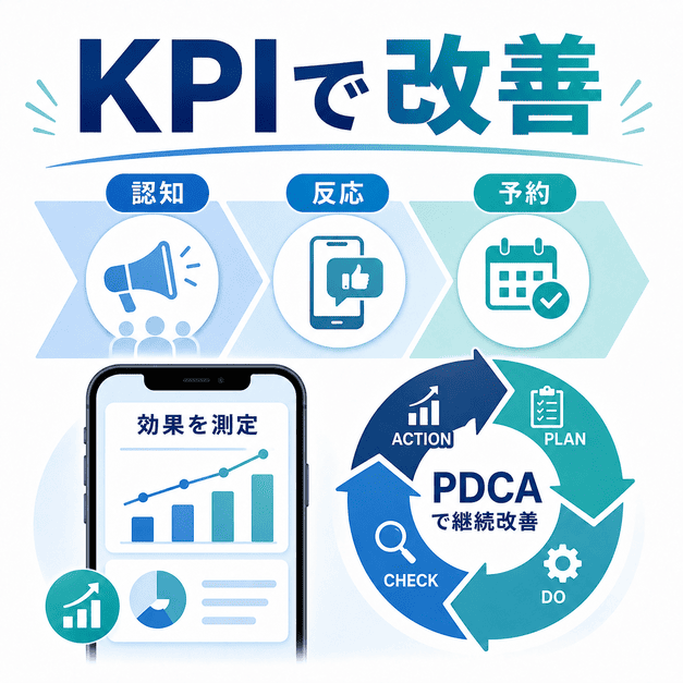 認知・反応・予約のKPIを測定し、PDCAでLLMO施策を継続改善する流れを示した図解