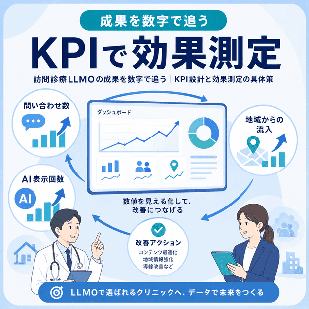 訪問診療LLMOの成果を問い合わせ数、AI表示回数、地域流入などのKPIで測定し改善する図